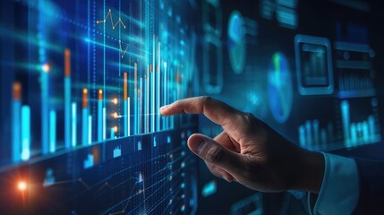 Close-up of a businessman's hand touching a digital interface with overlapping bar graphs, representing financial insights and technology