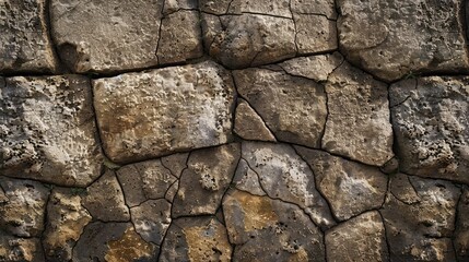 Close-up of a cracked and weathered stone wall, highlighting its textured surface and aged appearance