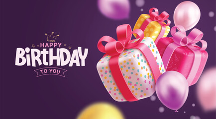 Happy birthday greeting vector design. Birthday greeting text with 3d gift box and balloons decoration elements in purple background. Vector illustration birthday invitation card design.
