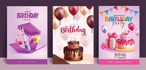 Birthday greeting card vector poster set design. Happy birthday greeting text with wine, gift box, cake and balloons decoration elements for invitation card collection. Vector illustration birthday 