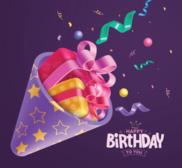 Birthday party hat vector design. Happy birthday greeting text with 3d cone shape party cap in star pattern and gift box elements decoration in purple background. Vector illustration birthday greeting