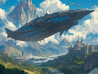 Airship gliding through a sky full of clouds with a beautiful mountain backdrop