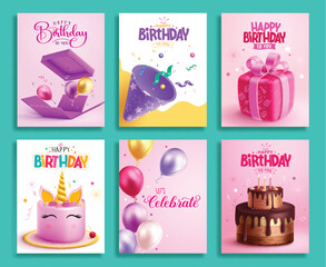 Happy birthday greeting card vector poster set. Birthday invitation with gift box, cone, unicorn cake, balloons and chocolate cake decoration elements. Vector illustration birthday greeting card 
