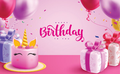 Happy birthday greeting vector background. Birthday greeting text with strawberry unicorn cake, gift boxes and balloons decoration elements in pink background. Vector illustration birthday invitation 