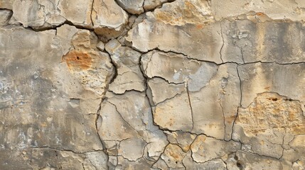 Fototapeta premium Close-up of a cracked and weathered stone wall, highlighting its textured surface and aged appearance