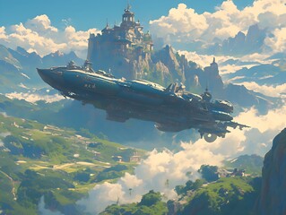 Airship gliding through a sky full of clouds with a beautiful mountain backdrop