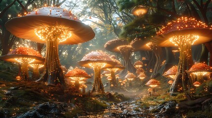 fungusbased alien race with sporebased communication on a damp cavernous planet with giant mushrooms and bioluminescent fungi