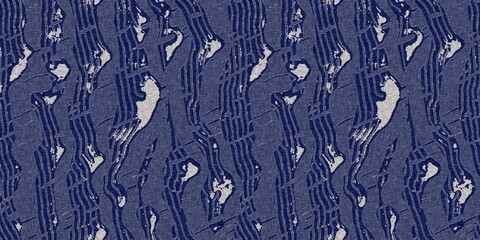 Denim blue dye effect seamless woven linen background, Distressed ink blotch mottled repeat pattern design for fashion border banner ribbon.