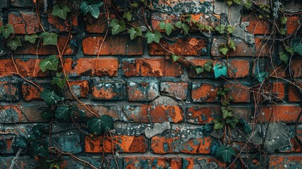 Close-up of a neglected old brick wall with vines snaking through the crevices, reclaiming their territory