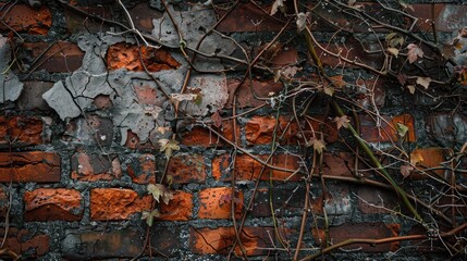 Close-up of a neglected old brick wall with vines snaking through the crevices, reclaiming their territory