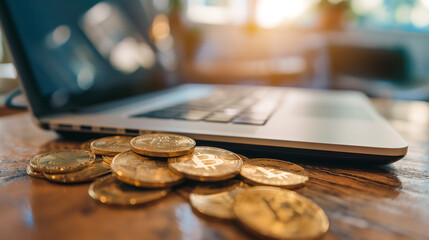 gold coins over a laptop on the table in modern office, digital business investment concept 