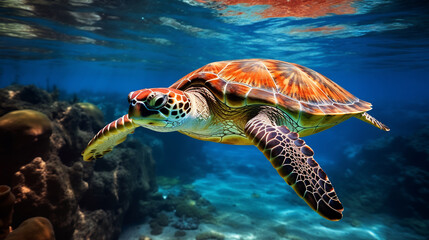 Obraz premium Colorful sea turtle swimming gracefully underwater, surrounded by vibrant coral reefs and marine life, showcasing the beauty of the ocean ecosystem