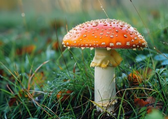Vibrant Amanita Muscaria Mushroom in Lush Green Forest After Rain