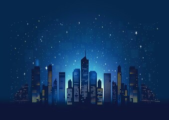 Digital Cityscape with Starry Night Sky and Glowing Skyscrapers Background