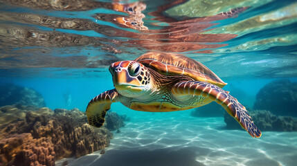 Fototapeta premium Colorful sea turtle swimming gracefully underwater, surrounded by vibrant coral reefs and marine life, showcasing the beauty of the ocean ecosystem