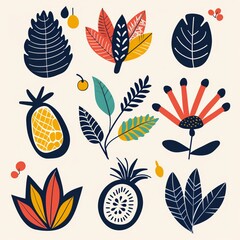 Tropical Exotic Fruits and Leaves Illustration Set in Bold Colors