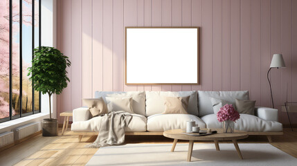 Blank picture frame mockup in stylish pink living room