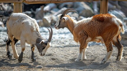 Obraz premium Goats in the yard fighting with their heads