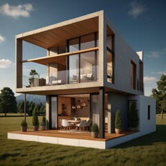 Modern home cross section, 3d rendering minimalist