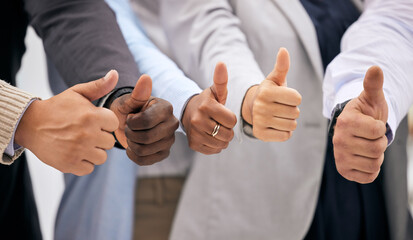 Business people, thumbs up and solidarity or unity in office, agreement and teamwork or support. Employees, collaboration and thank you in meeting for like emoji, promotion and workshop for approval