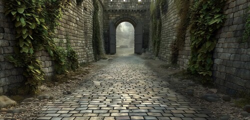 A detailed 3D model of an ancient cobblestone road leading to a historic town gate, with...