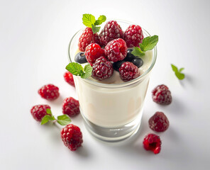 a glass of yogurt with berries, raspberries and mint in a white background