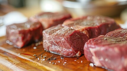 Obraz premium Close-up of juicy beef cuts on a cutting board, ready to be cooked into a delicious meal
