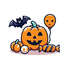 halloween pumpkin with candies and bat isolated icon vector illustration design