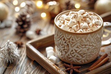 Cozy winter scene with hot chocolate topped with marshmallows in a decorative mug, surrounded by pine cones and fairy lights.