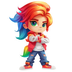 Fototapeta premium A cartoon character with rainbow hair, green eyes, and a red jacket.