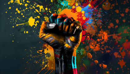 Powerful fist raised in celebration of Juneteenth with vivid paint splash in Pan African colors.