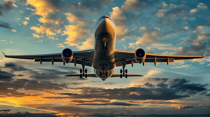 Airplane taking off at sunrise with dramatic sky.