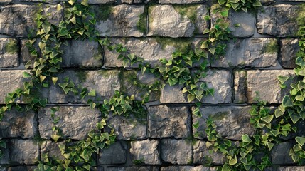 Cracked and weathered stone wall with ivy crawling up its surface, adding a touch of natural beauty