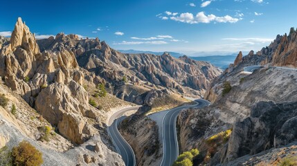 A dramatic mountain road with hairpin bends, surrounded by jagged rock formations and a clear blue sky overhead 32k, full ultra hd, high resolution - Powered by Adobe