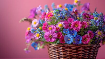 A vibrant floral arrangement in a wicker basket against a soft pink background, featuring a mix of colorful flowers in full bloom.