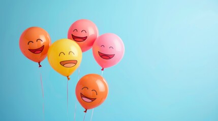 Celebrate world laughter day. Joyful emoticon balloons. Copy space