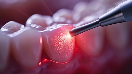 Close-up of dental laser treatment in progress. Laser applied to tooth for precision and effective treatment in dental care.