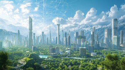 A network of smart cities interconnected by AI-driven infrastructure, promoting sustainability and...