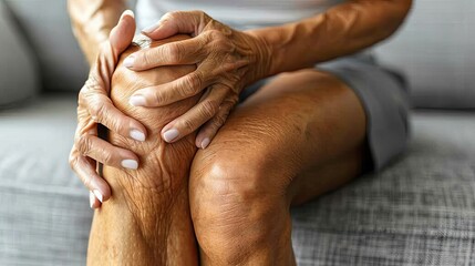 Fototapeta premium Elderly person massaging knee, experiencing joint pain. Concept of arthritis, aging, and healthcare. Close-up shot on a couch.