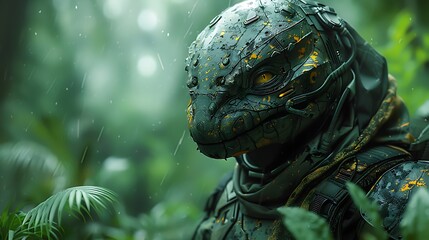 reptilian alien with advanced camouflage tech on a jungle planet with dense foliage and bioluminescent flora