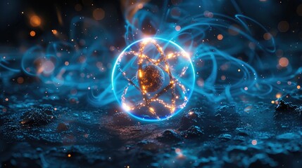 Obraz premium Glowing atomic structure with bright lights and energy beams on a dark surface, representing science, physics, and advanced technology.