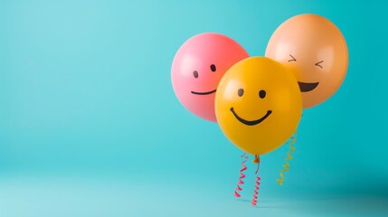 Celebrate world laughter day. Joyful emoticon balloons. Copy space