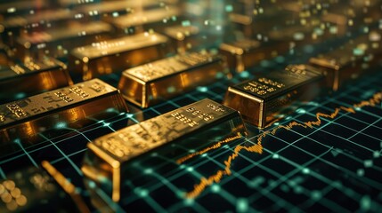 Gold bullion bars arranged in a pattern overlaid with fluctuating stock market graphs, symbolizing the interconnectedness of assets