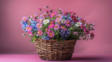 Vibrant flower arrangement in a wicker basket against a pink background. Fresh, colorful blossoms arranged beautifully for a cheerful display.