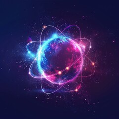 Vibrant glowing atom with colorful orbits and particles in space. Futuristic representation of quantum physics, science, and energy concept.