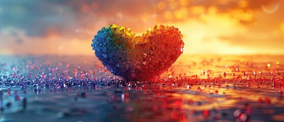 Vibrant heart-shaped crystal formation illuminated by a stunning sunrise over a watery landscape, conveying love and beauty.