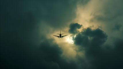Airplane ascending through a cloudy sky.