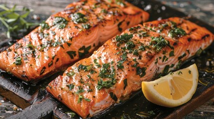 Grilled salmon fillets seasoned with herbs and lemon, showcasing the versatility of seafood
