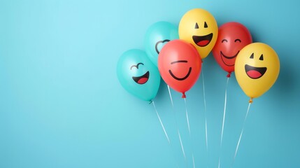Celebrate world laughter day. Joyful emoticon balloons. Copy space
