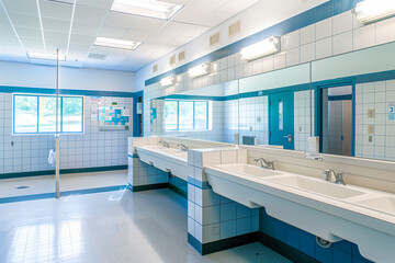 A large bathroom with two sinks and a mirror